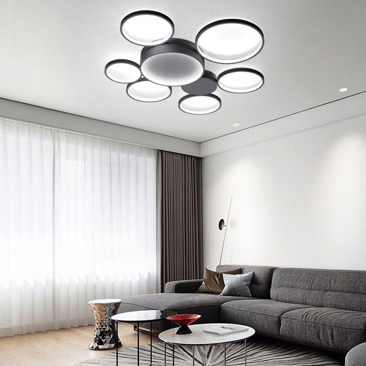 Black/White 7 Rings Flush Mount LED Ceiling Light with Remote Control for Living Room Bedroom