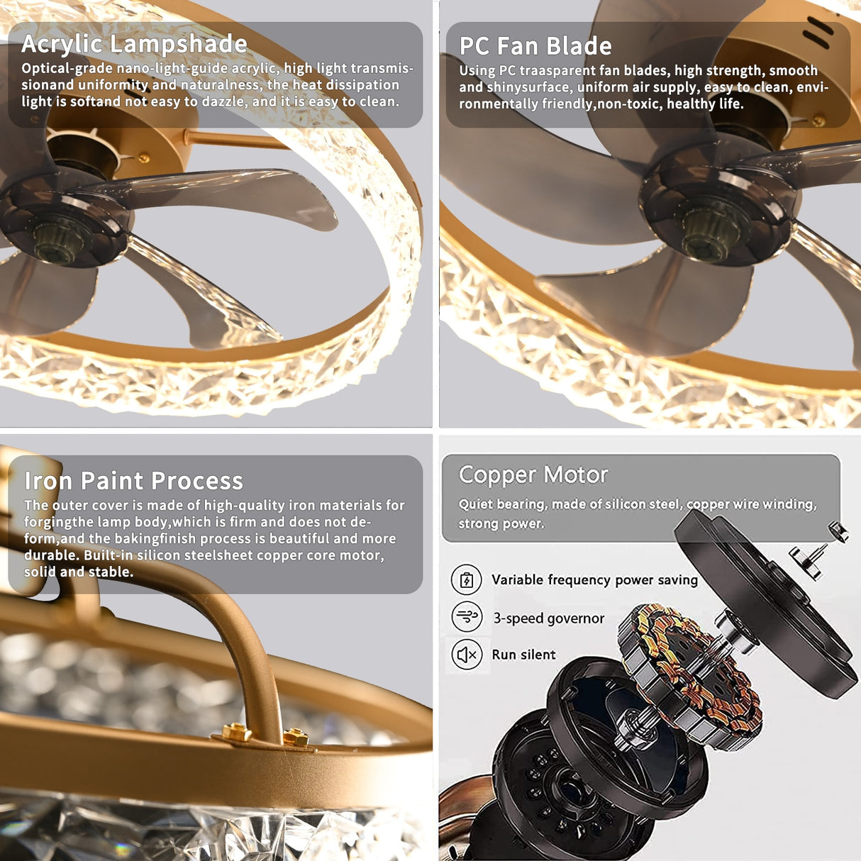 Ceiling Fan Light Remote Acrylic Ceiling Lamps Ceiling Fan with Led Lights Adjustable Wind Speed LED Dimming Crystal Decor