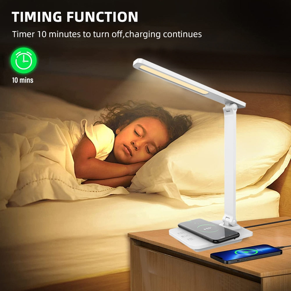 Led Desk Lamp 15W Qi Wireless Charging Table Lamp USB 3 Color Stepless Dimmable Reading Eye Protect Study Bedroom Night Light