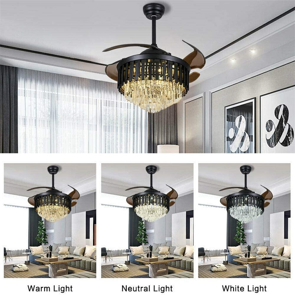 LED Crystal Chandelier Retractable Ceiling Fan Light with Remote Control