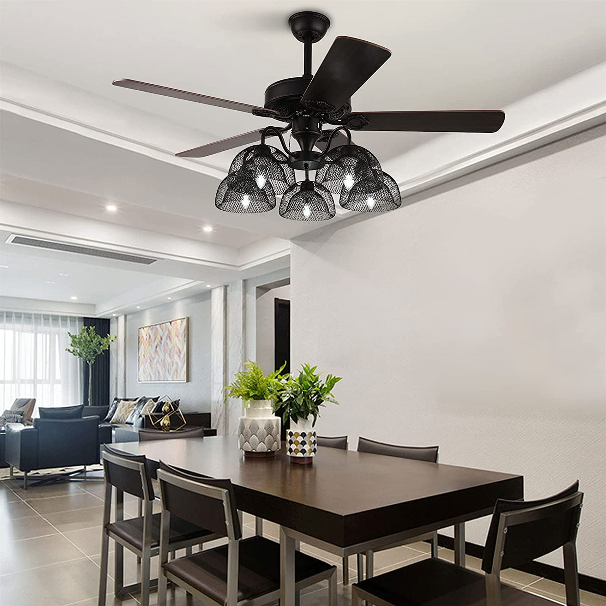52” Retro Industrial Ceiling Fan 5 Light with Metal Lampshade and Remote Control for Living Room