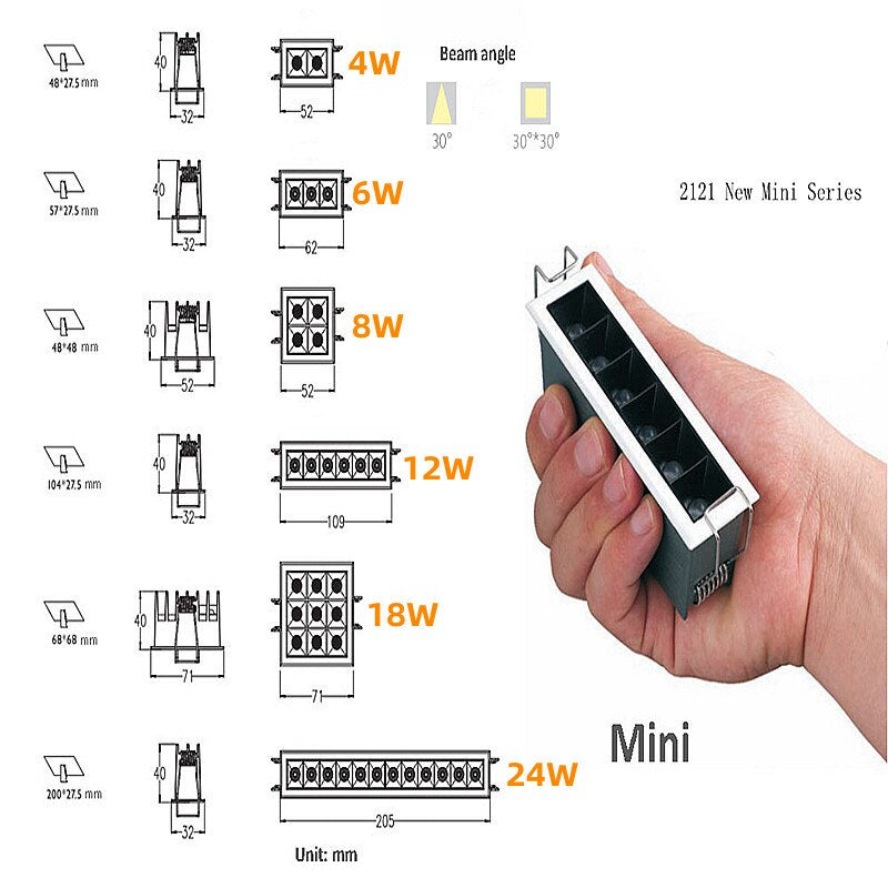 Dimmable linear mini LED Downlight Spot light 4W 6W8W12W18W24W Grille light COB ceiling light Embedded line light lighting