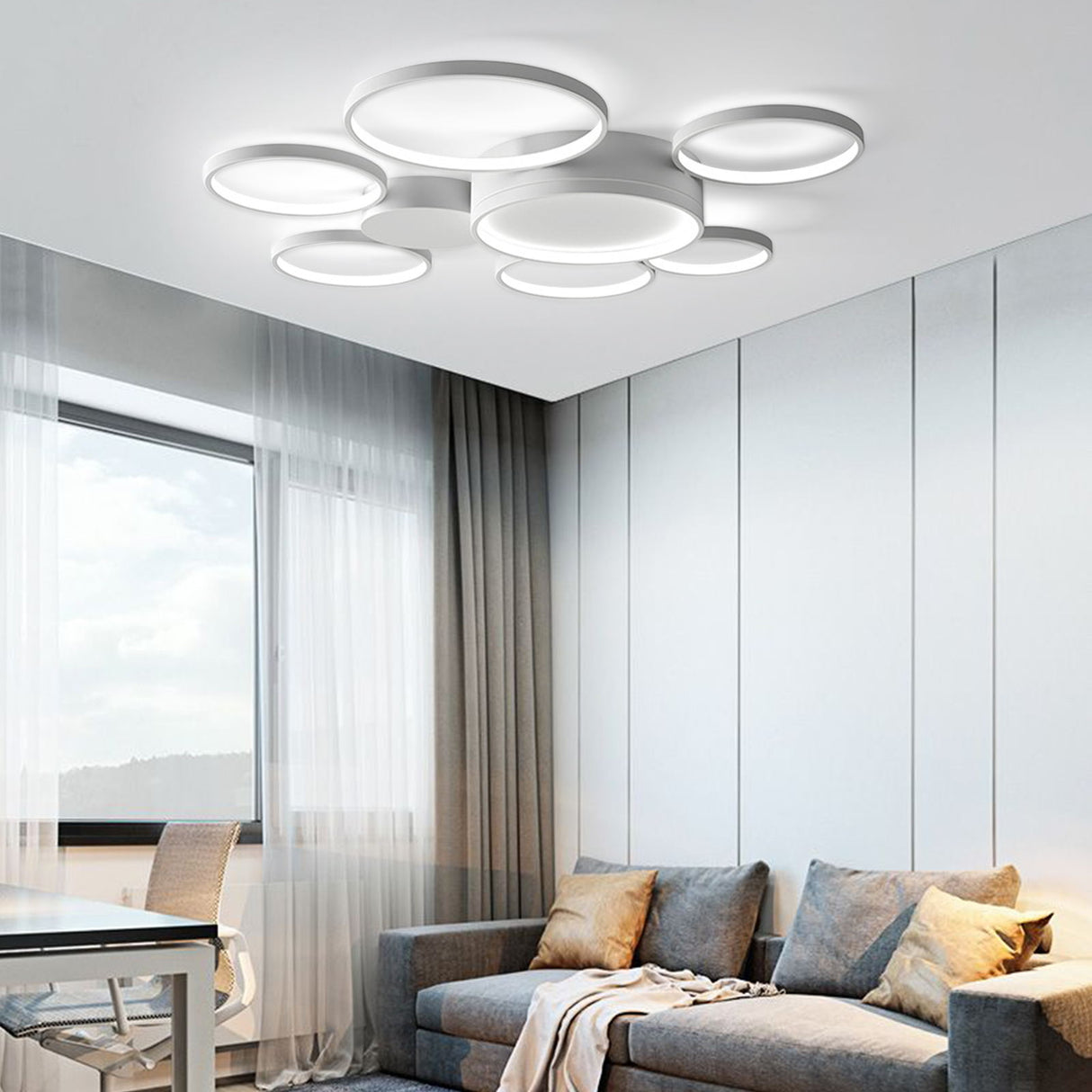 Black/White 7 Rings Flush Mount LED Ceiling Light with Remote Control for Living Room Bedroom