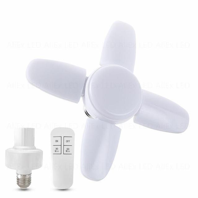 E27 LED Bulb Fan Blade Timing Lamp AC85-265V 28W 360° Foldable Led Light Bulb Home Ceiling Garage Light with Remote Controller