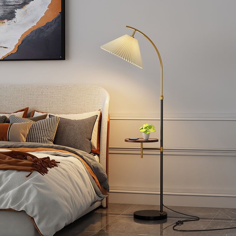 INS Fabric Floor Lamp with Table Nordic Pleated Standing Light for Living Room Sofa Bedroom Study Marble Vertical Desk Lamps