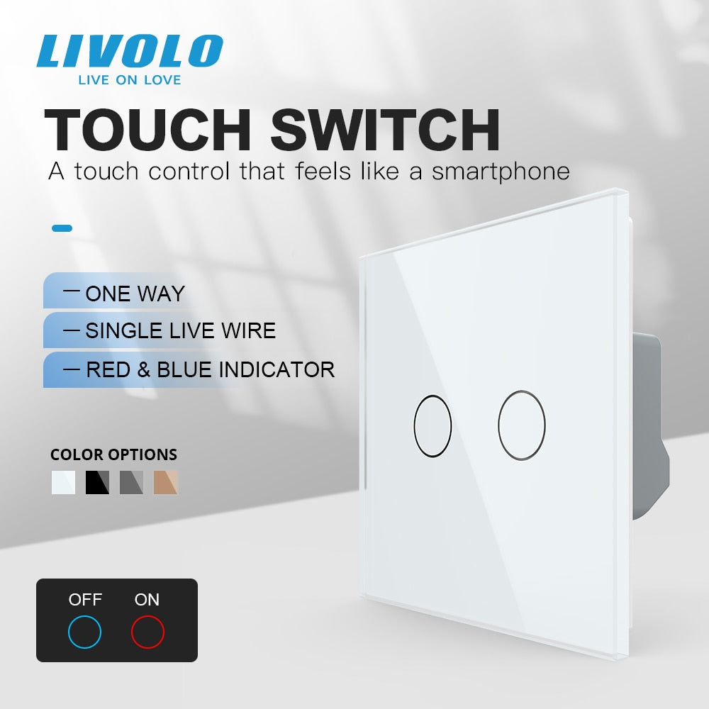 Livolo EU Standard 2 Gang 1 Way Wall Touch Light Switch,Wall Power Sensor Switch,4Colors Crystal Glass Panel,with led Backlight