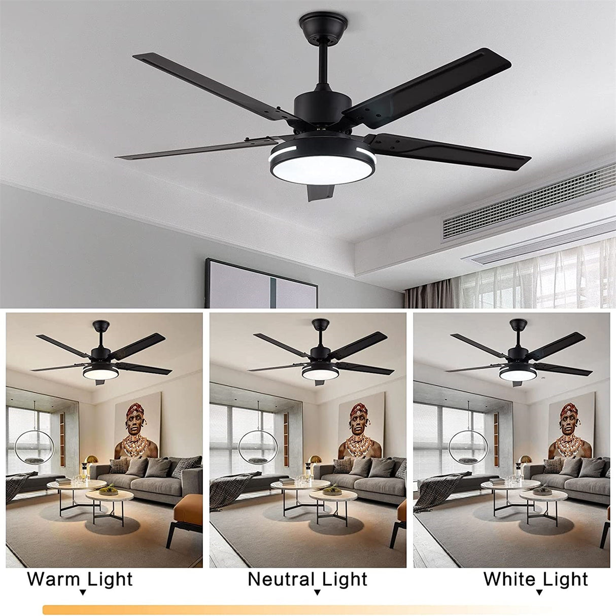 Black/Silver 48 Inch Modern LED Ceiling Fan Silent Motor with Remote Control