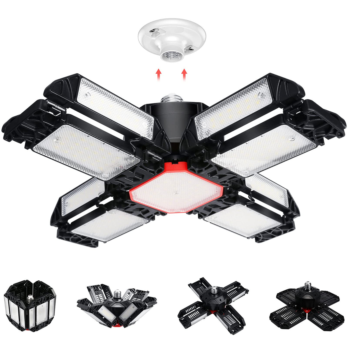 E27/E26 150W LED Garage Light 8000LM Adjustable Deformable Fan Garage Lamp Ceiling Industrial Work Light for Storage Warehouse