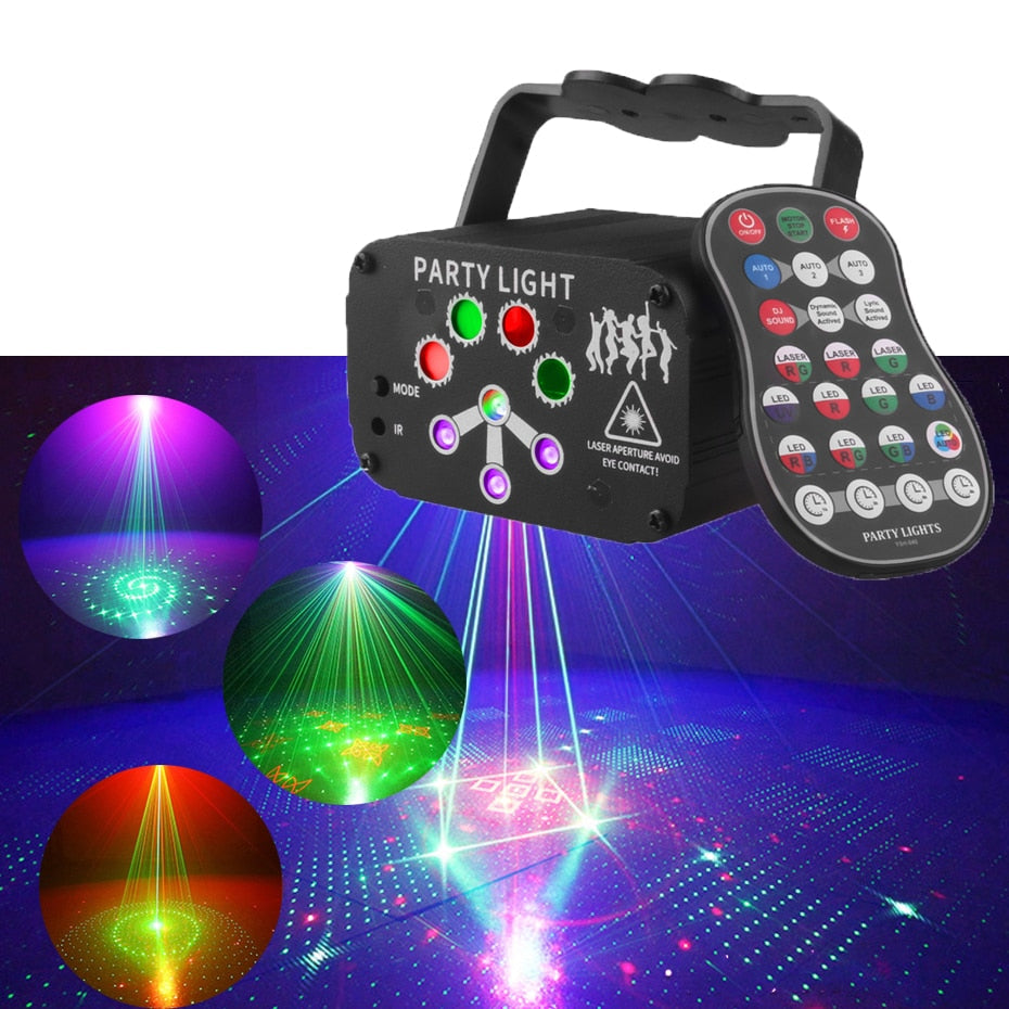 RGB Mini DJ Disco Laser Light Projector USB Rechargeable LED UV Sound Strobe Stage Effect Wedding Xmas Holiday Party Lamp