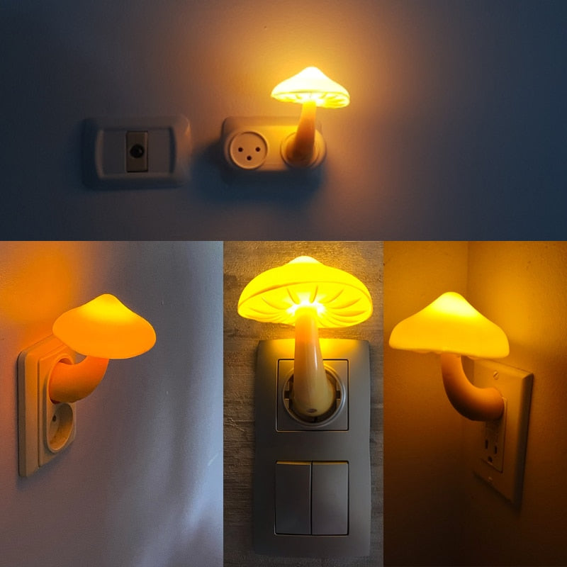 Led Night Light Mushroom Wall Socket Lamp Eu Us Plug Warm White Light-control Sensor Bedroom Light Home Decoration