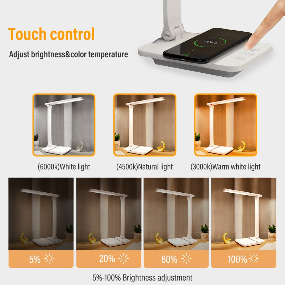 Led Desk Lamp 15W Qi Wireless Charging Table Lamp USB 3 Color Stepless Dimmable Reading Eye Protect Study Bedroom Night Light
