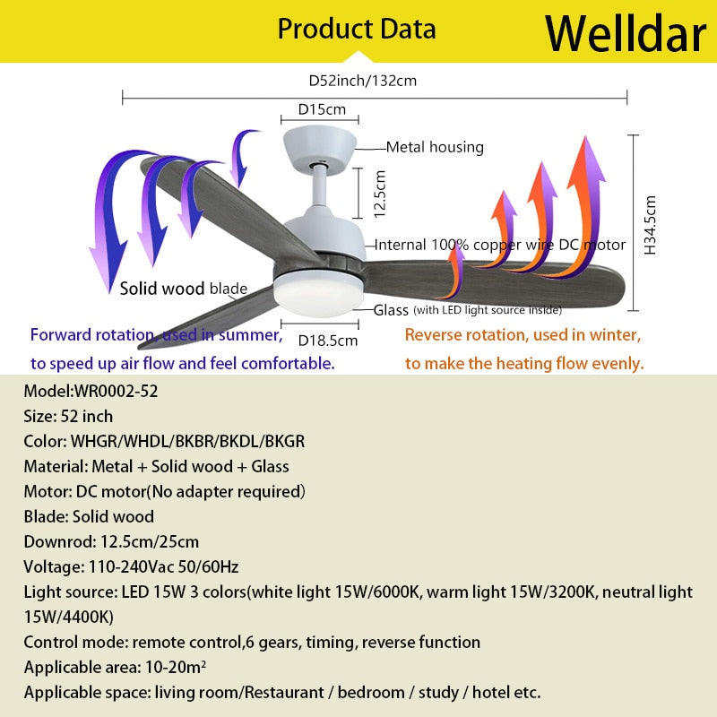 52 Inch Led Ceiling Fan Light Roof Home Fans Modern Indoor Decorate Wooden Blade Dc Ceiling Fan With Remote Control Ventilador