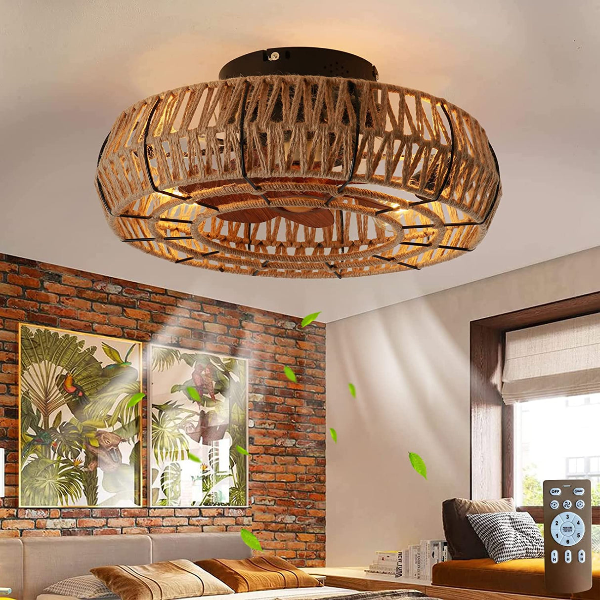 American retro cage ceiling fan lamp dining room bedroom ceiling lamp hemp rope industrial wind ceiling fan with light remote