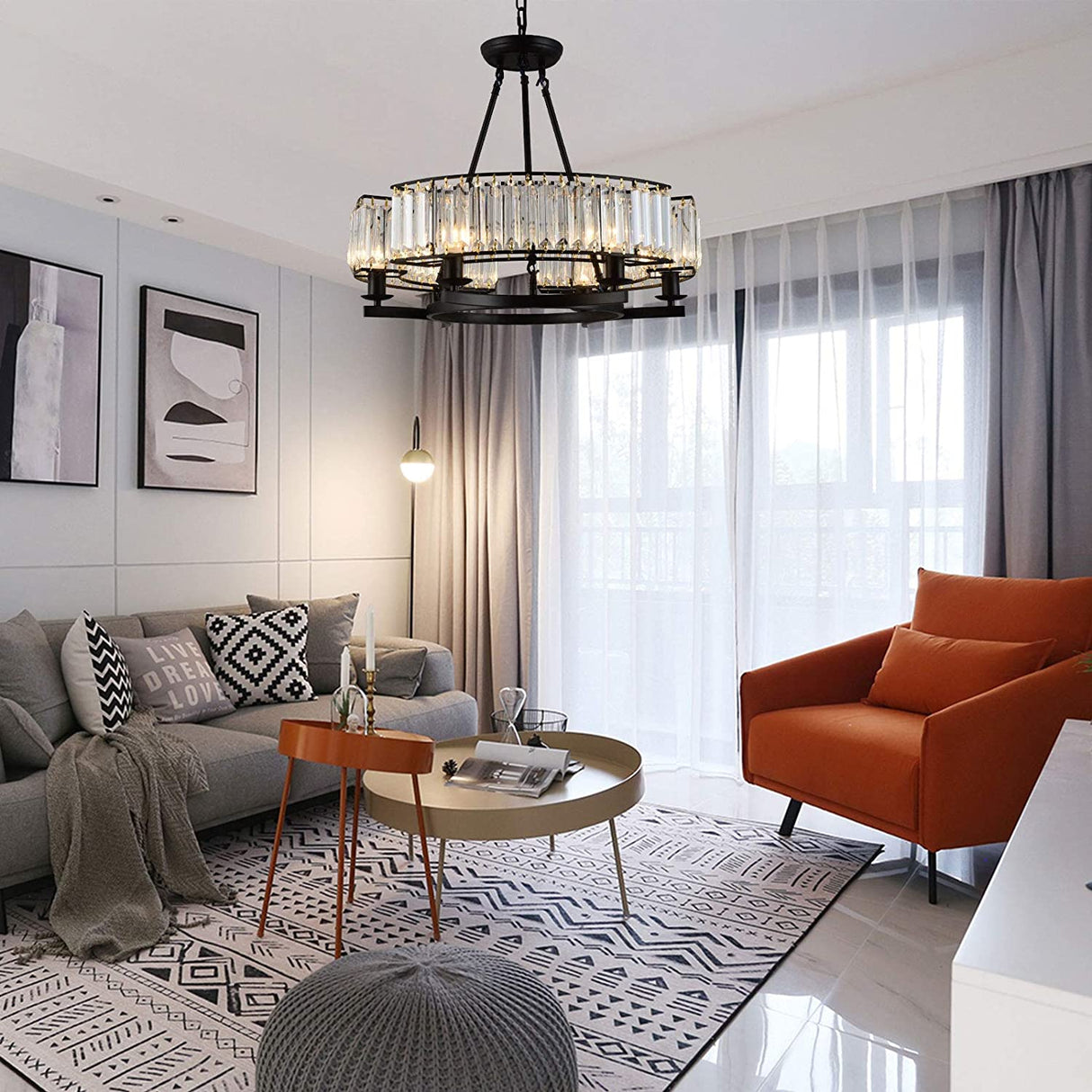 Black Frame Luxury Crystal Chandelier Pendant Light for Dining Room, Bedroom