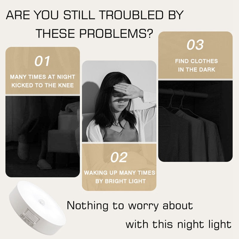 Motion Sensor Light USB Night Light Bedroom Decor Wireless LED Wall Lamp for Kitchen Stairs Hallway Cabinet Closet Wardrobe