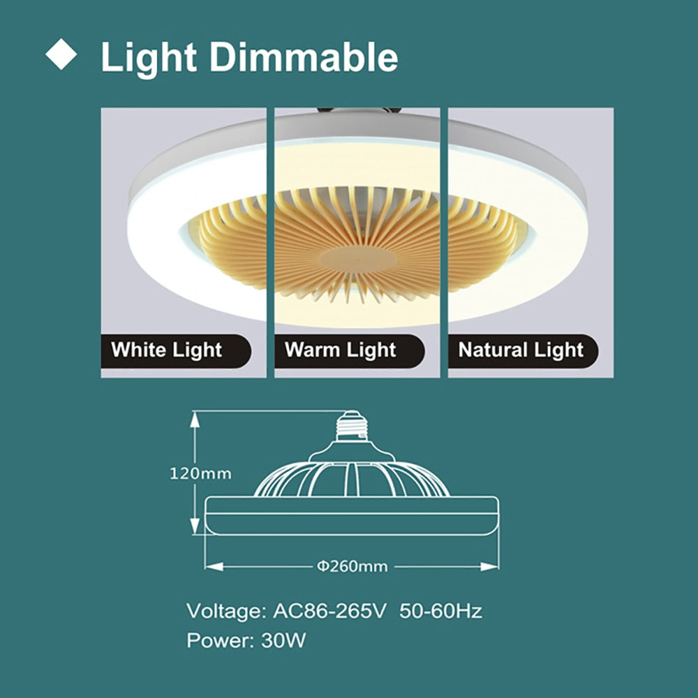 Ceiling Fan with LED Light and Remote Control Silent 30W E27 Converter Base 3 Wind Speeds 3 Light Colors Timmer for Kitchen Home
