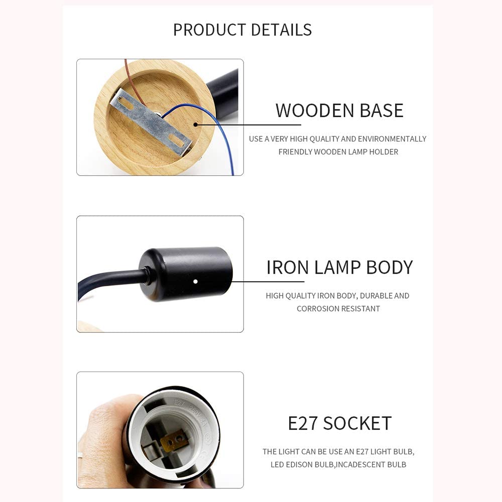 Vintage Black White Wall Lamp Wood E27 Wall Light Sconce Retro Indoor Lighting Bedroom Living Room Kitchen Home Wall Lamps Fixtu