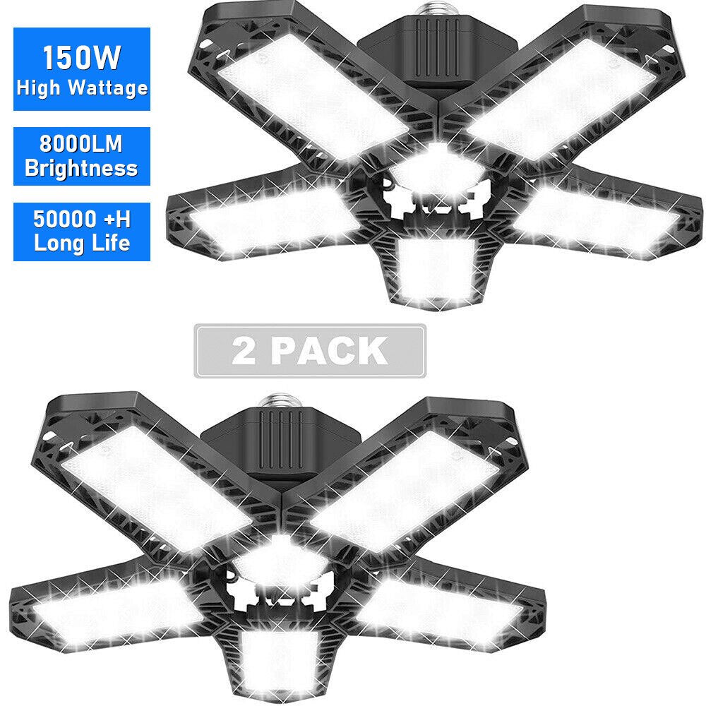 E27/E26 150W LED Garage Light 8000LM Adjustable Deformable Fan Garage Lamp Ceiling Industrial Work Light for Storage Warehouse