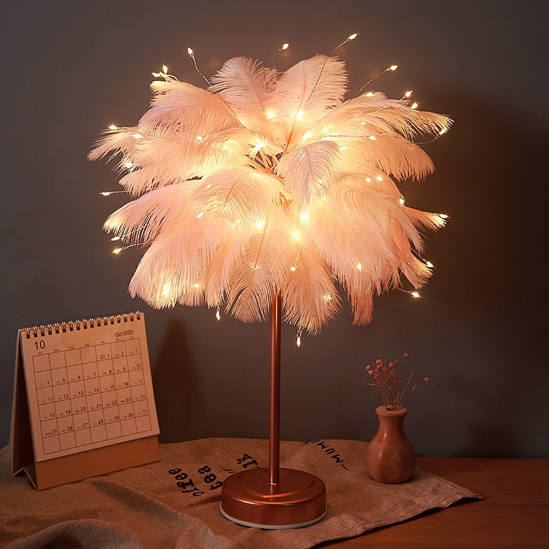 Creative Feather Table Lamp with Remote Control USB/AA Battery Power Desk Lamp Tree Feather Lampshade Night Light for Birthday