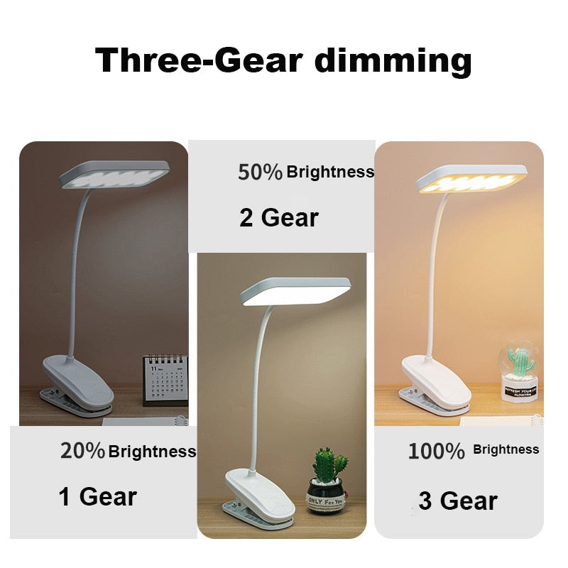 360° Flexible Table Lamp with Clip Stepless Dimming Led Desk Lamp Rechargeable Bedside Night Light for Study Reading Office Work