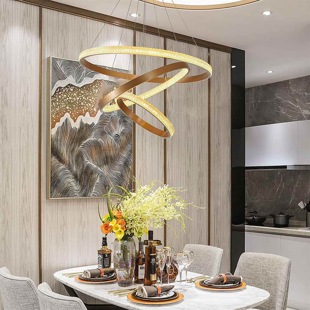 Modern 3 LED Circular Rings Pendent Light with Remote Control for Living Room