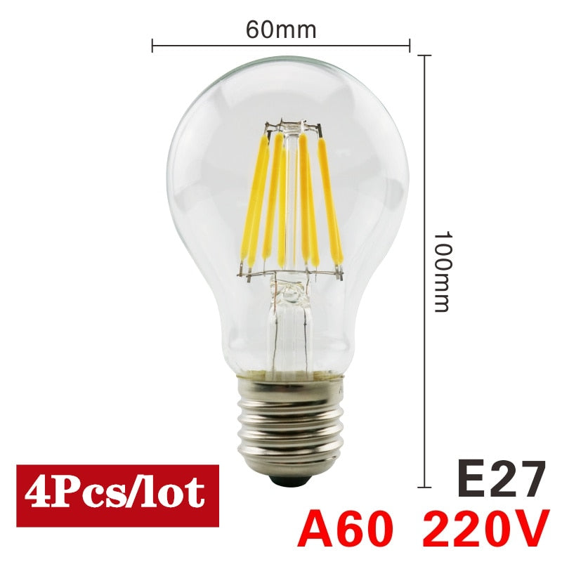 4pcs/lot LED Candle Bulb C35 ST64 Vintage Lamp E14 LED E27 A60 G95 G125 AC220V LED Globe 2W 4W 6W 8W Filament Edison Light Bulbs