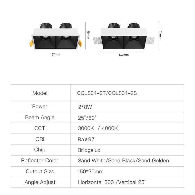 Square Recessed Downlight 16W Anti-glare High CRI Ceiling Spot Light Home Indoor Lighting Fixture