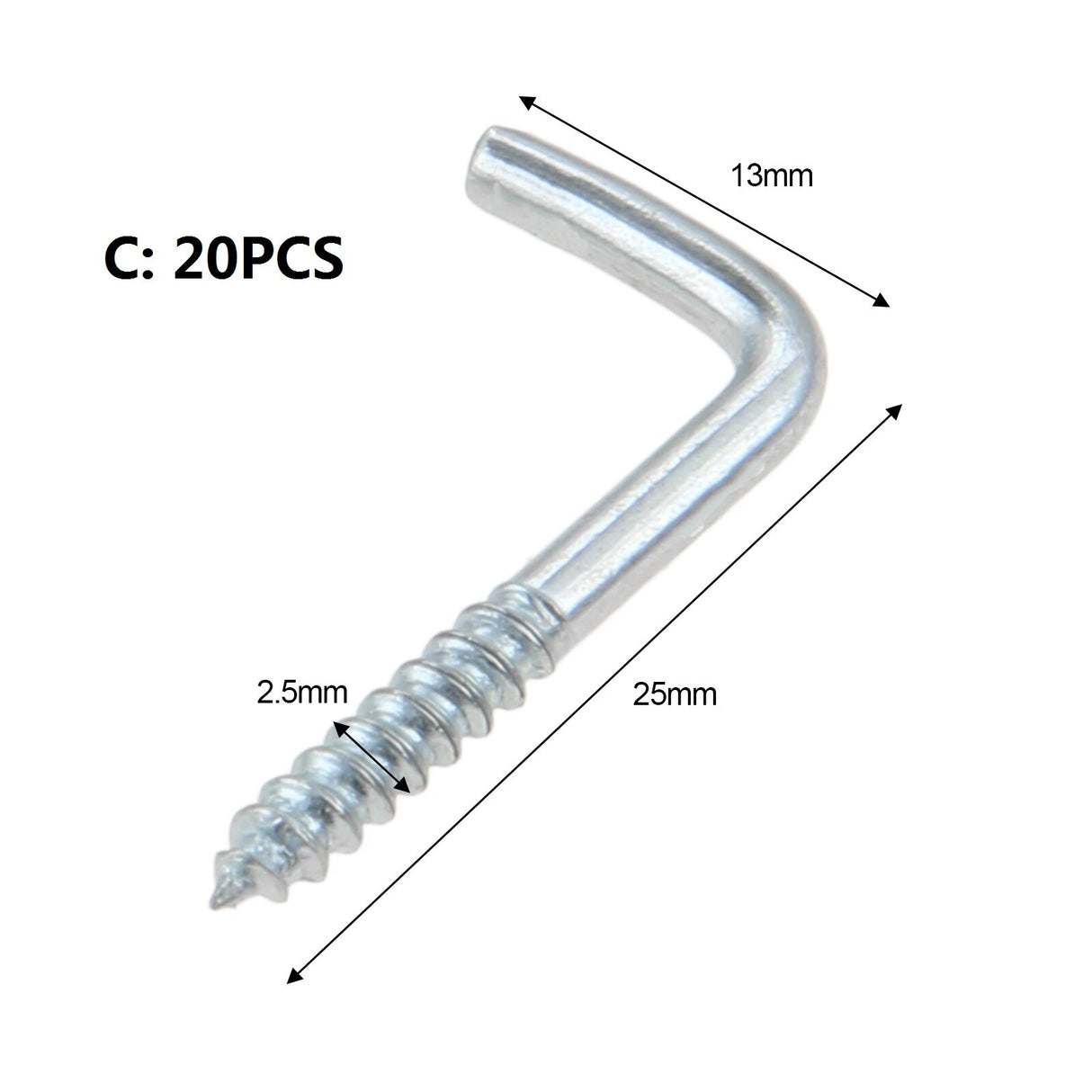 2/5/10/20pcs Square Bend Hook L Cup Hanger Screw-in Wall Picture Photo Frame Lamp Light Eyescrew 20-100mm 14-Sizes Zinc-Plated