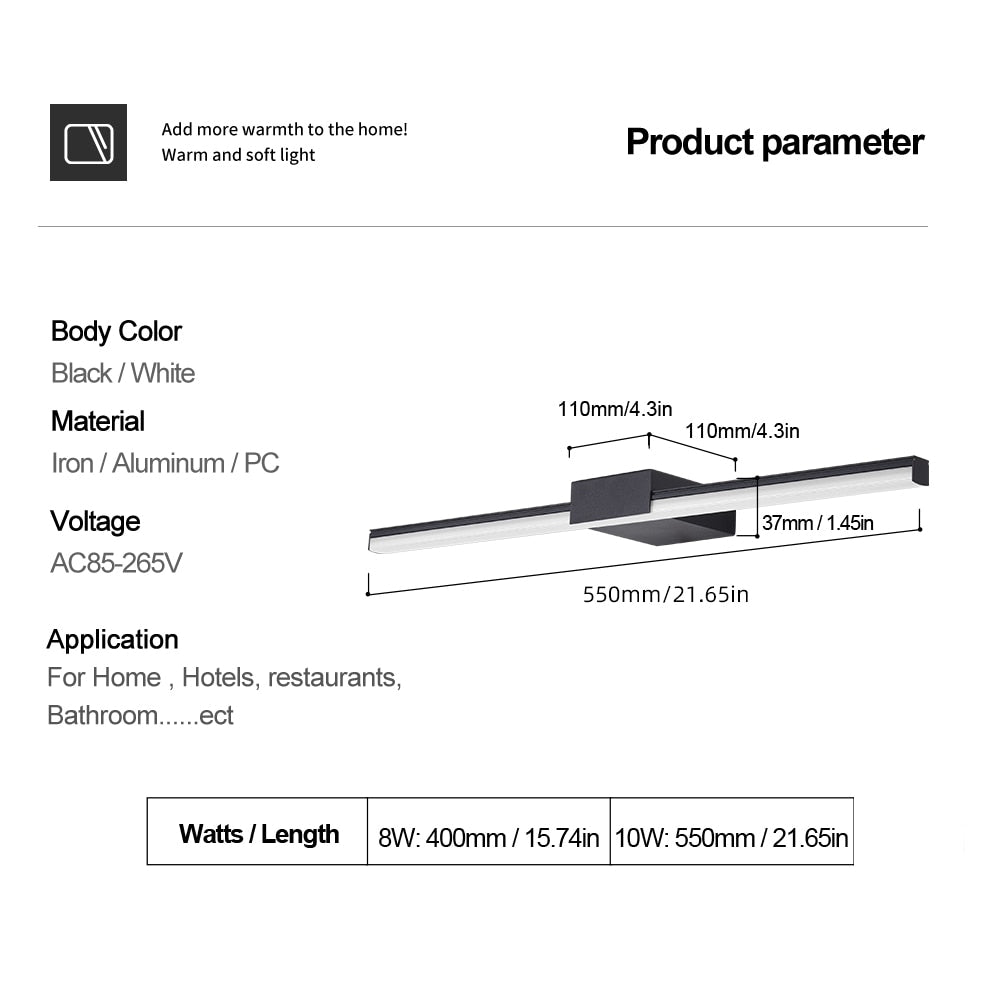 Led Wall Lamp Bathroom Vanity Light 40cm 55cm AC85 - 265V Indoor Modern Wall Sconces Mirror Wall Light Fixtures Black White