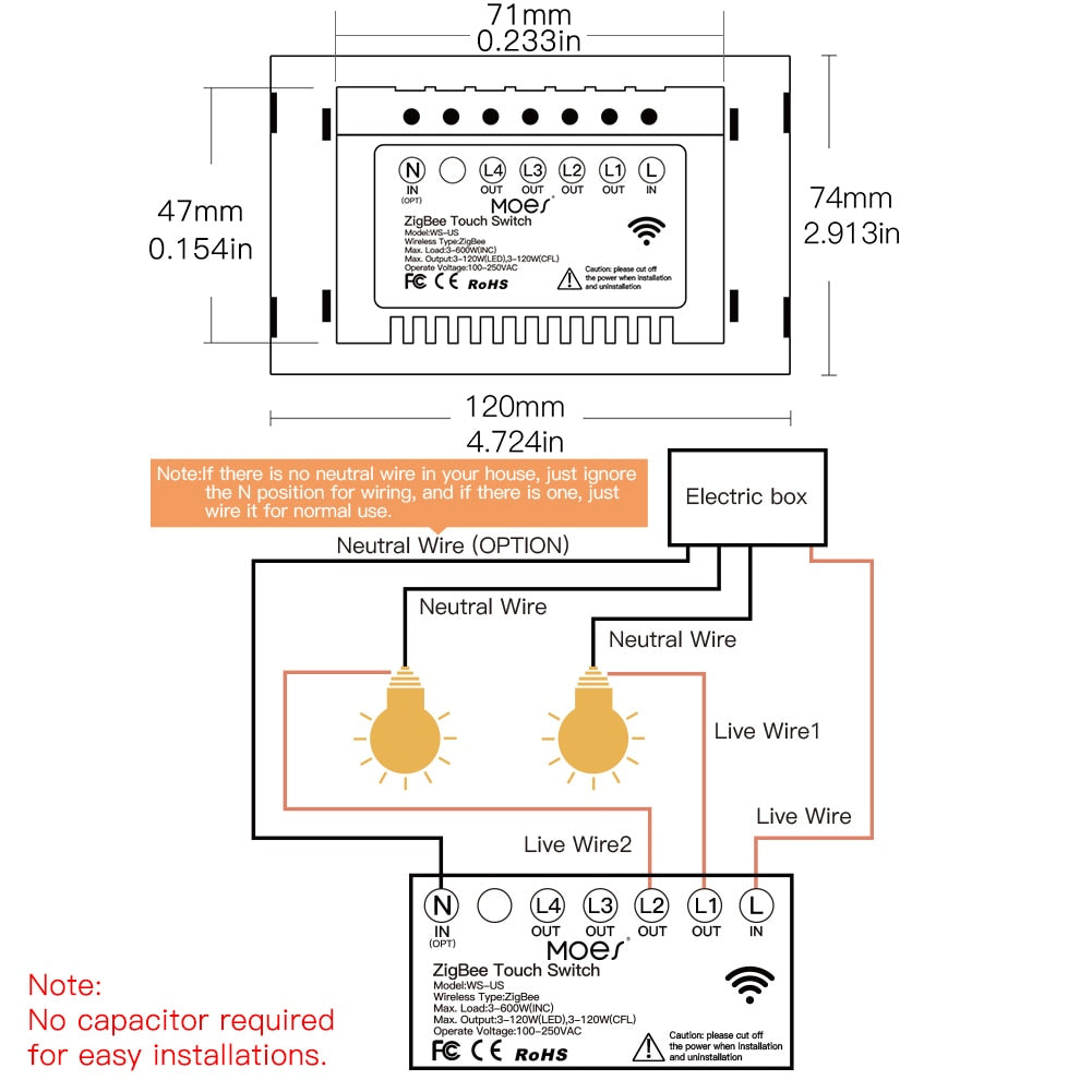 ZigBee Wall Touch Smart Light Switch With Neutral/No Neutral,No Capacitor Smart Life/Tuya 2/3 Way Control compatible AlexaGoogle