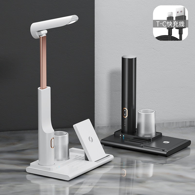 QI Wireless Charging LED Table Lamp,15W Eye Protection Folding Desk Lamp with Pen Holder Touch Control No Blu-ray Reading Light