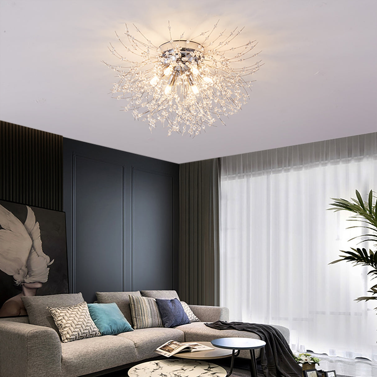 LED Crystal Firework Chandelier Modern Style Ceiling Light Fixtures 6 Light Pendant