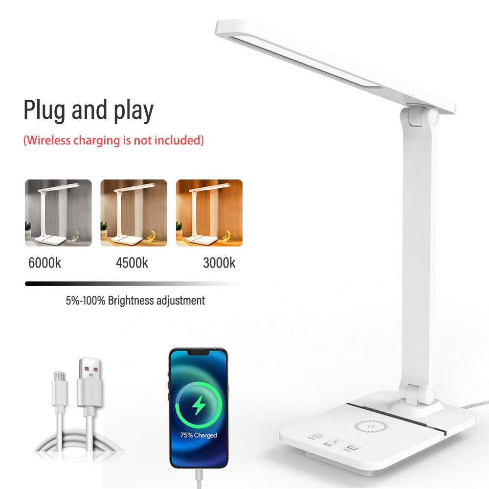 LED Folding Reading Table Lamp 15W QI Wireless Charging Touch Dimmable Color Grading To Protect Eyes for Bedroom Bedside Office