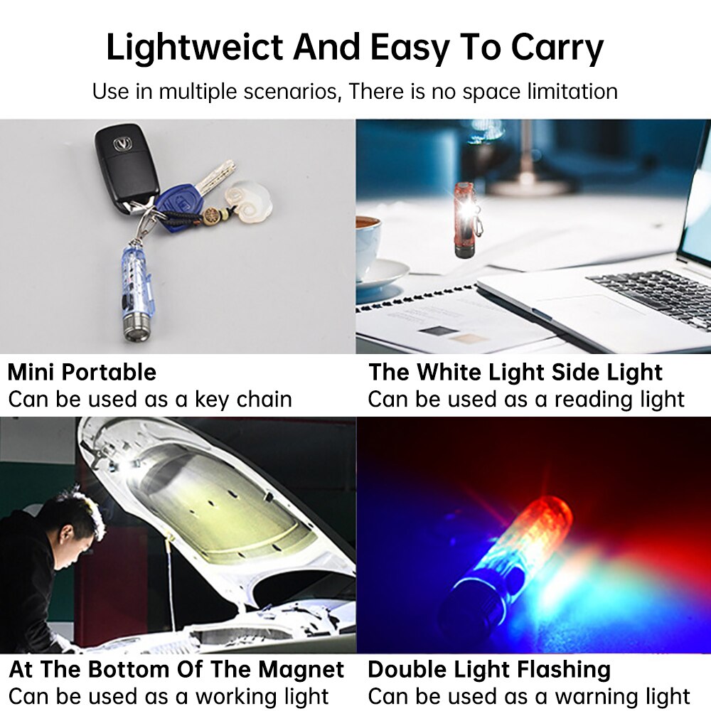 Mini Keychain LED Flashlight Portable Pocket Work Light USB Rechargeable Lamp Fluorescent Magnetic Warning Camping Flashlight