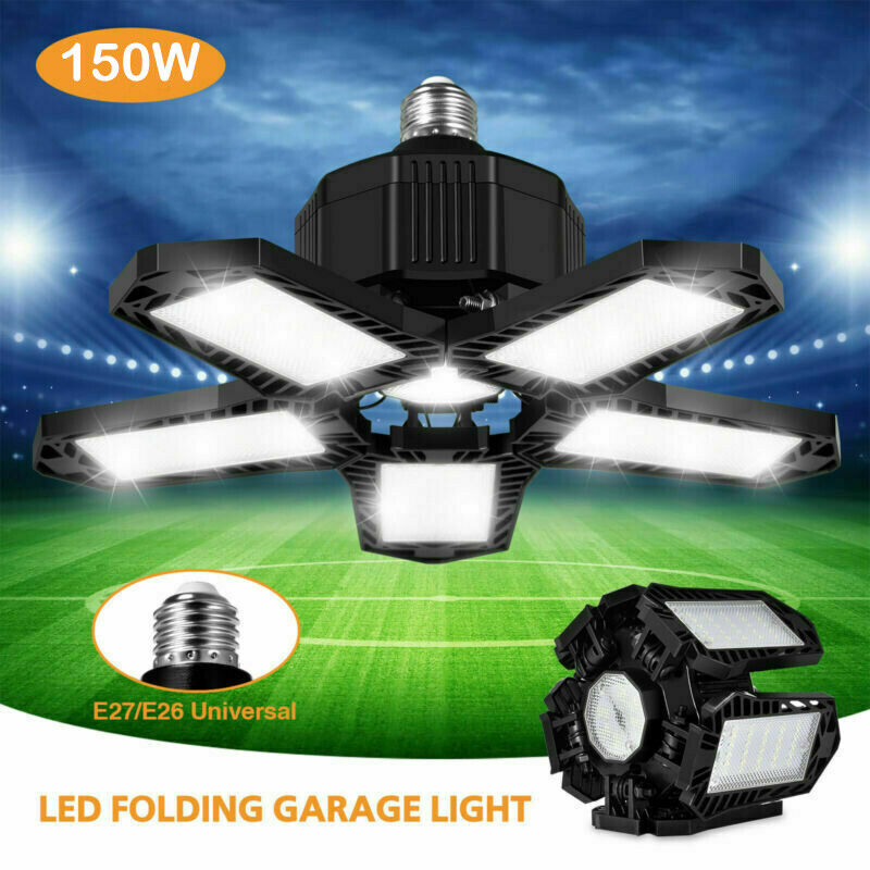 E27/E26 150W LED Garage Light 8000LM Adjustable Deformable Fan Garage Lamp Ceiling Industrial Work Light for Storage Warehouse
