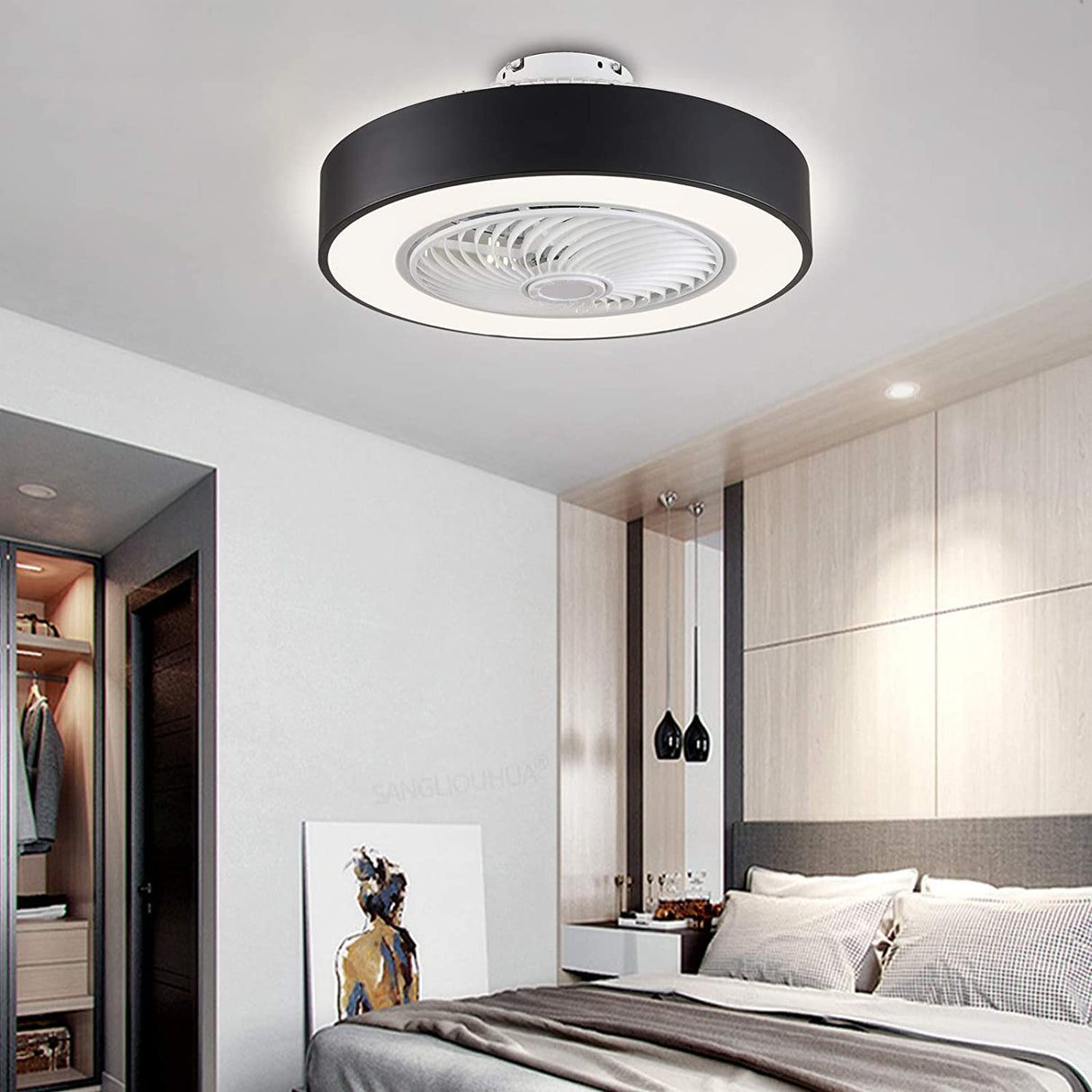 Modern Round Black/White/Gray 22 Inch LED Ceiling Fan Light with Remote Control for Study Room Bedroom