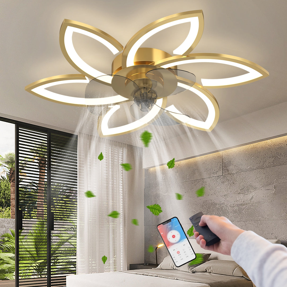Modern led quiet ceiling fan with light with remote control/app timer creative 6 lights design fan with lamp,
