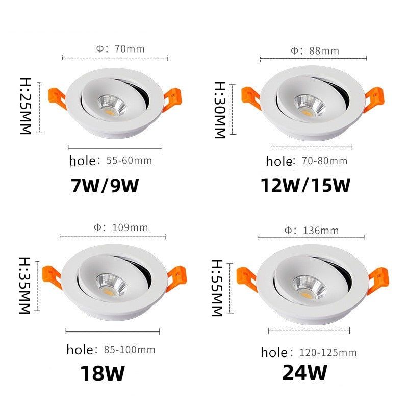 Round Shape 360 Angle Adjustable LED COB Recessed Downlight Black/White 9W 12W 15W LED Ceiling Spot Light Pic Background Focos