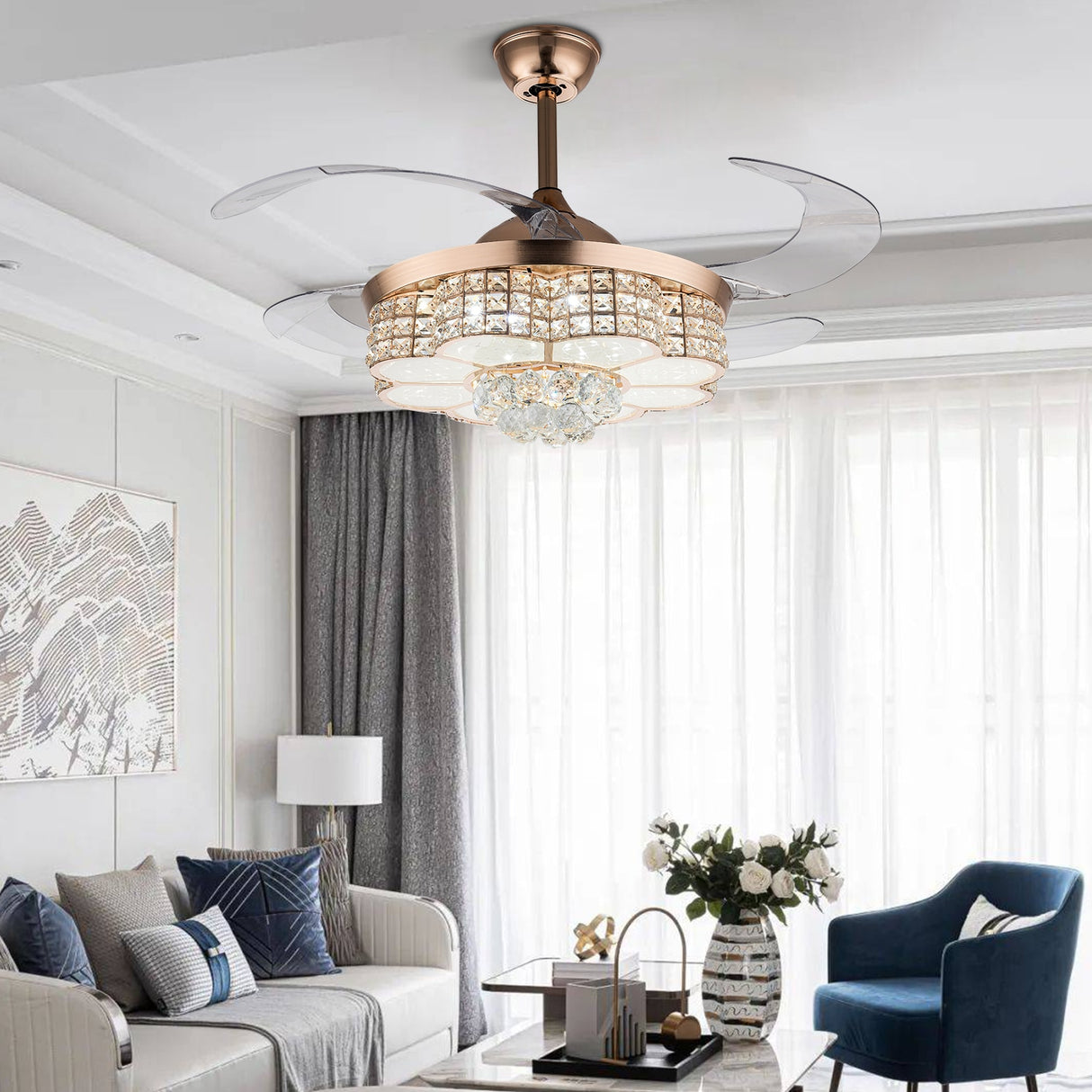 Crystal Ceiling Fan with Lights and Remote Chandelier 42 Inch Fan Noise Free Indoor Fan for Living Room