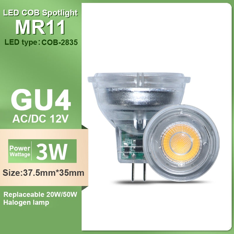 LED Mini COB Spotlight MR11 GU4 12V 3W High light warm white light suitable for kitchen den replacement 20W 50W halogen lamp