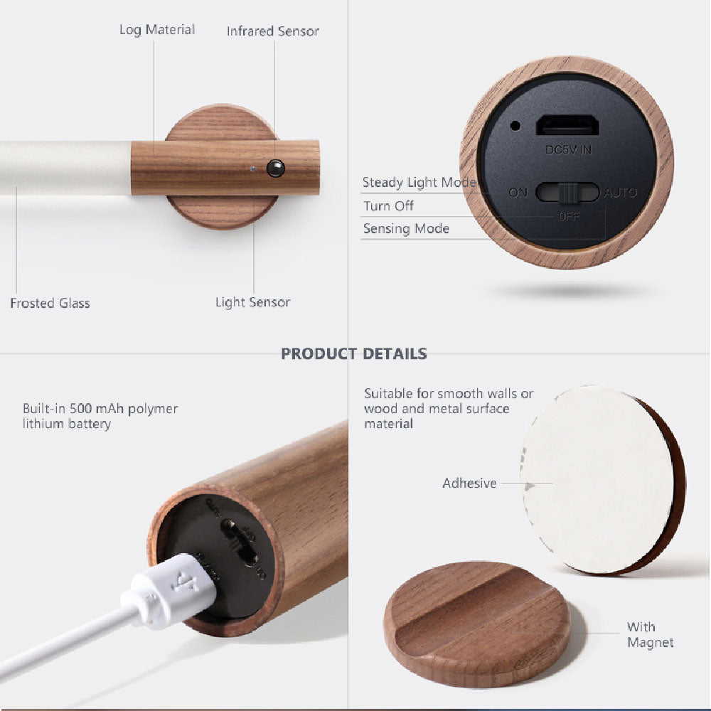 LED Wood Wireless USB Night Light Magnetic Wall Lamp Kitchen Cabinet Closet light Home Bedroom Table Move Lamp Bedside Lighting
