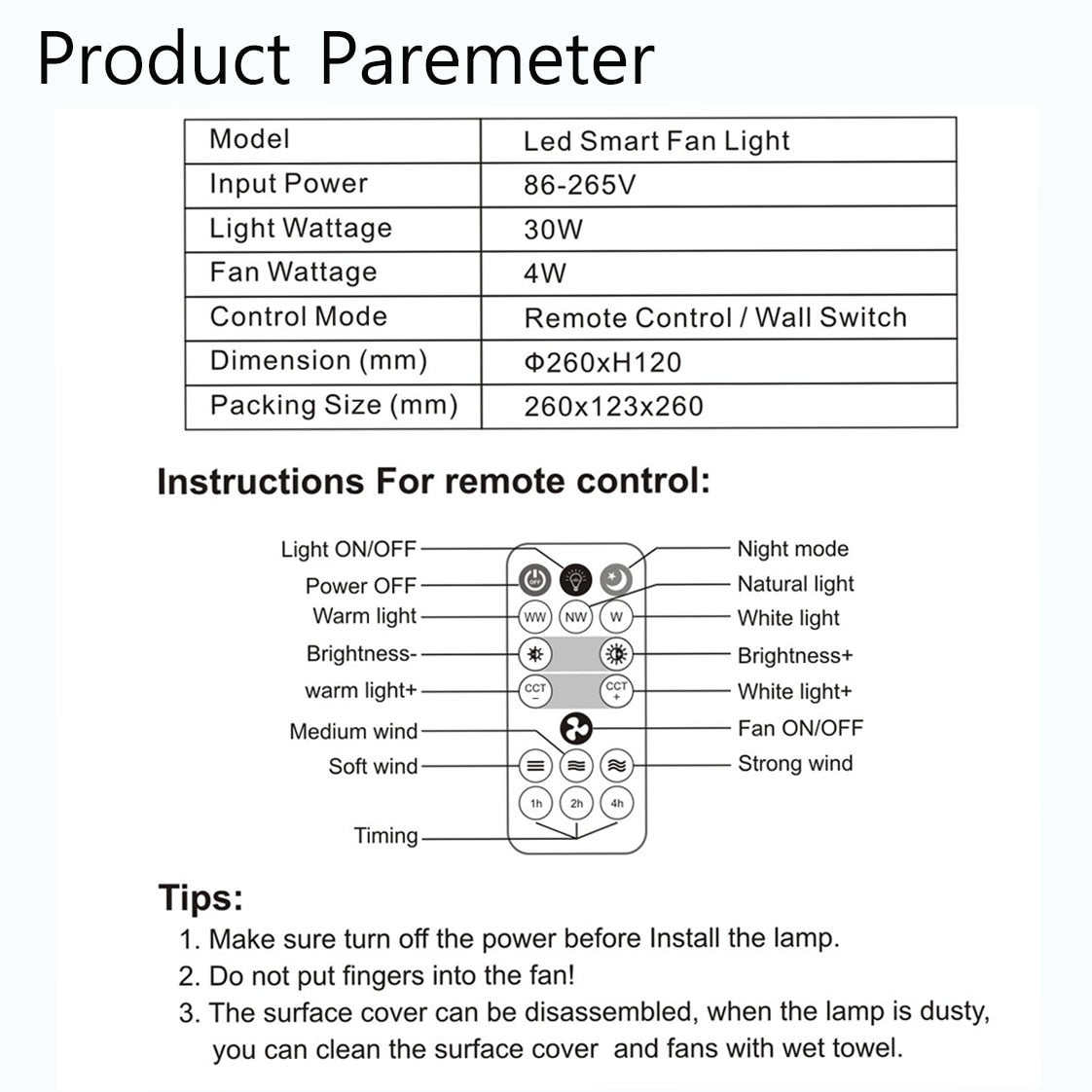 Ceiling Fan with LED Light and Remote Control Silent 30W E27 Converter Base 3 Wind Speeds 3 Light Colors Timmer for Kitchen Home