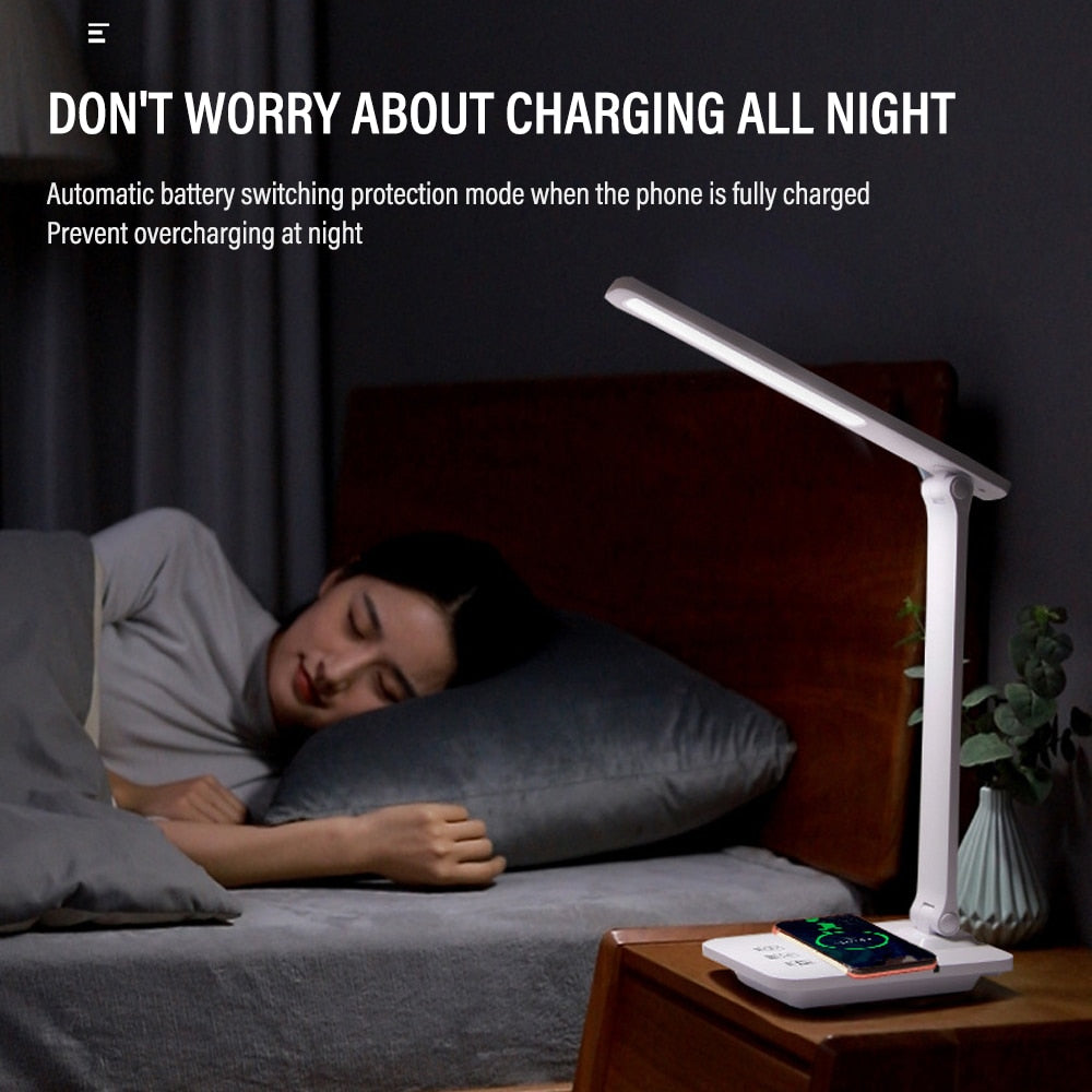 LED Folding Reading Table Lamp 15W QI Wireless Charging Touch Dimmable Color Grading To Protect Eyes for Bedroom Bedside Office