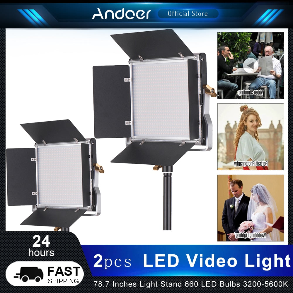 Andoer LED Video Light Light Panel with 78.7 Inches Light Stand 660 LED Bulbs 3200-5600K with Barndoor for Studio Photography
