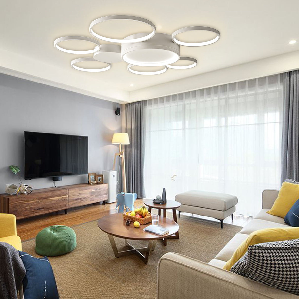 Black/White 7 Rings Flush Mount LED Ceiling Light with Remote Control for Living Room Bedroom