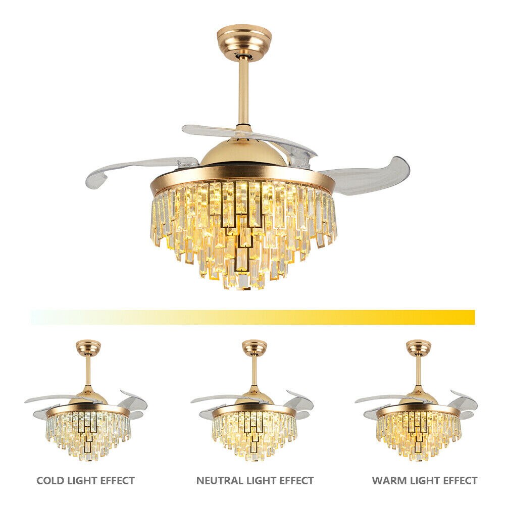 OUKANING 42'' Modern Crystal Dimmable LED Ceiling Light Chandelier Lamp With Fan + Remote for Home Application
