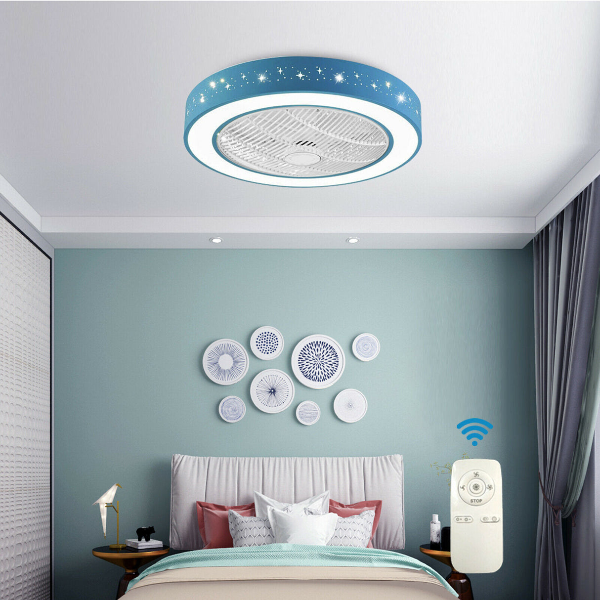 Star Ceiling Fan Light Dimmable LED Chandelier Lamp 3 Speeds +Remote Control For Children’s Room