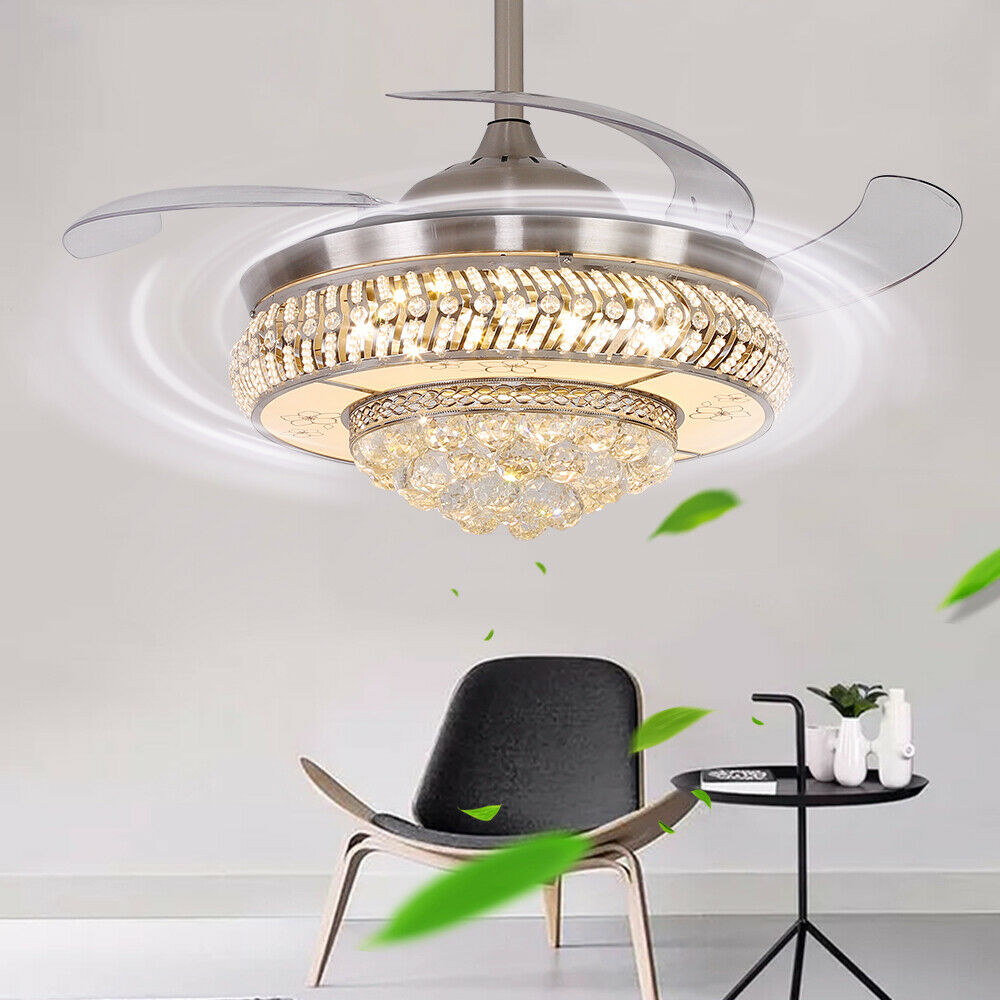 Modern Crystal Invisible Ceiling Fan Light with Remote Control Chandelier for Living Room Application