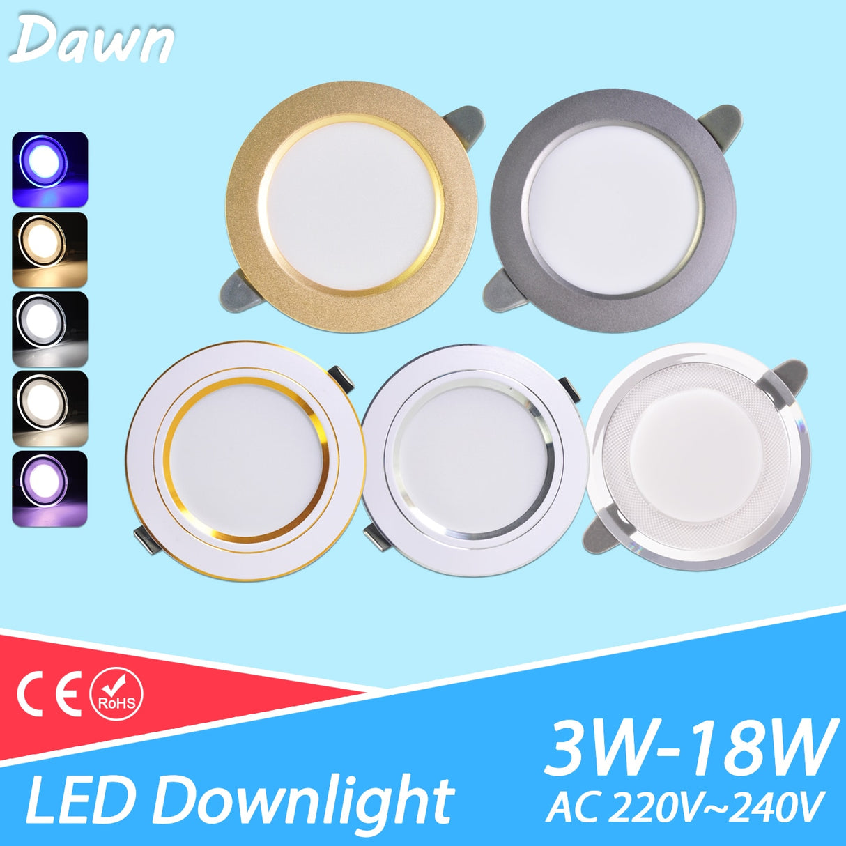 new LED Downlight 3W 5W 9W 12W 15W 18W Recessed Round LED Ceiling Lamp AC 220V 230V 240V Indoor down Lighting six color
