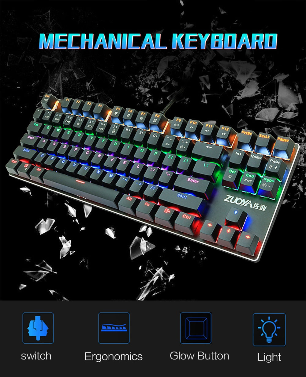 Gaming Mechanical Keyboard Blue Red Switch 87key Anti-ghosting RGB/Mix Backlit LED USB RU/US Wired Keyboard For Gamer PC Laptop